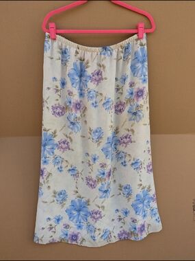 Laura Scott Vintage Floral Midi Skirt XL Purple Rose Elastic Waist Cottagecore
